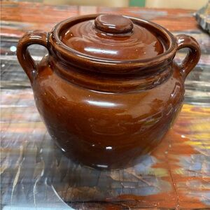 Vintage Brown Stoneware Bean Pot/Vintage Handled Crock/USA Pottery